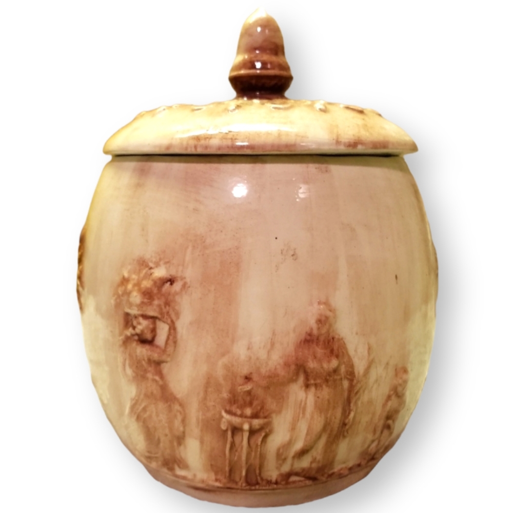 Vtg Coffee/Tea Food Canister Ceramic Old World Relief-Style Artistic